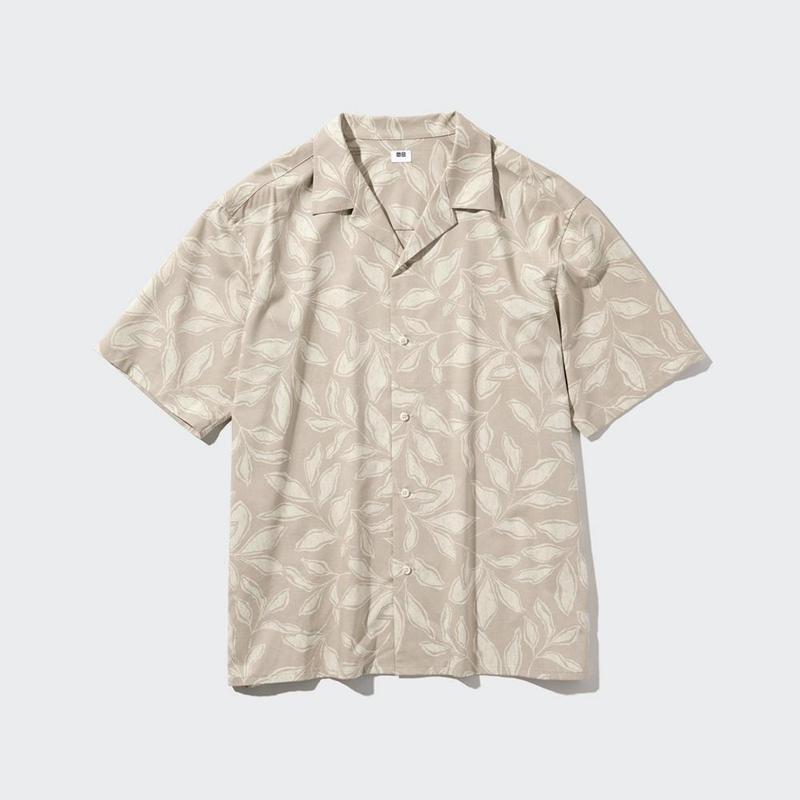 Uniqlo Modal Cotton Blend (Print, Open Collar) Men Short Sleeve Shirts Khaki  US |  BQST-90362