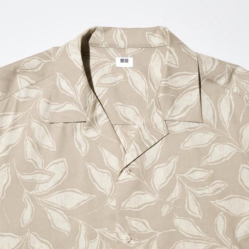 Uniqlo Modal Cotton Blend (Print, Open Collar) Men Short Sleeve Shirts Khaki  US |  BQST-90362