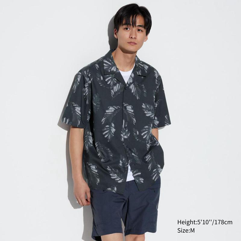 Uniqlo Modal Cotton Blend (Print, Open Collar) Men Short Sleeve Shirts Black  US |  FRCI-91762