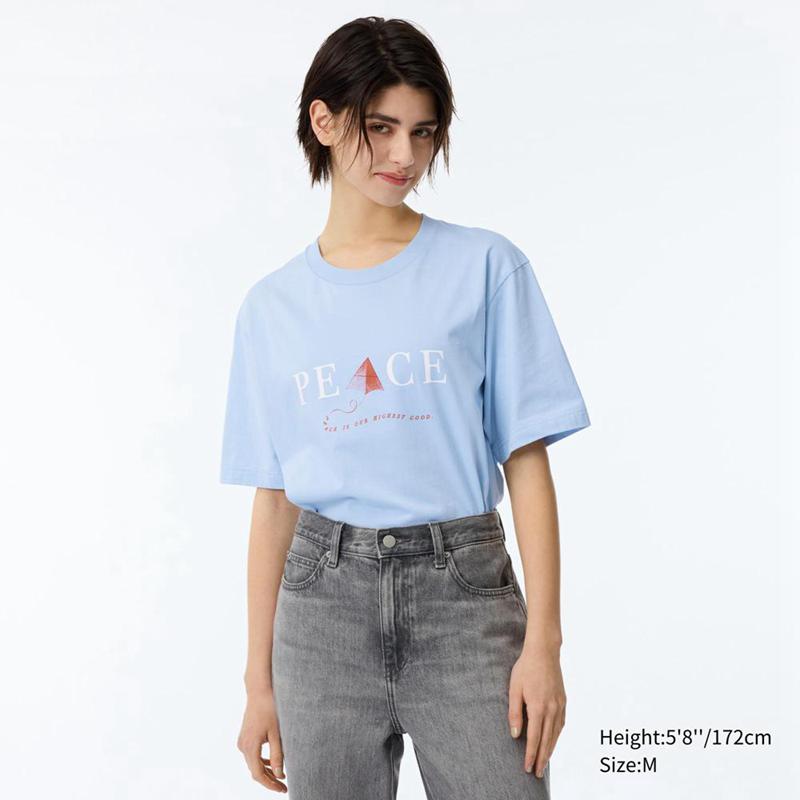 Uniqlo PEACE FOR ALL Graphic (Khaled Hosseini) Women T-Shirts Light Blue  US |  UHER-28510