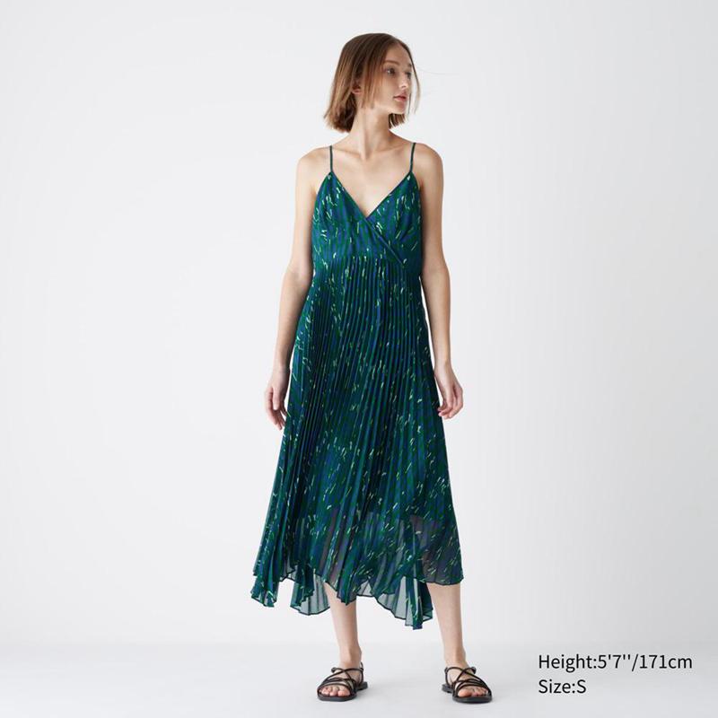 Uniqlo Pleated Camisole (Print) Women Dress Green  US |  ZEPS-84126