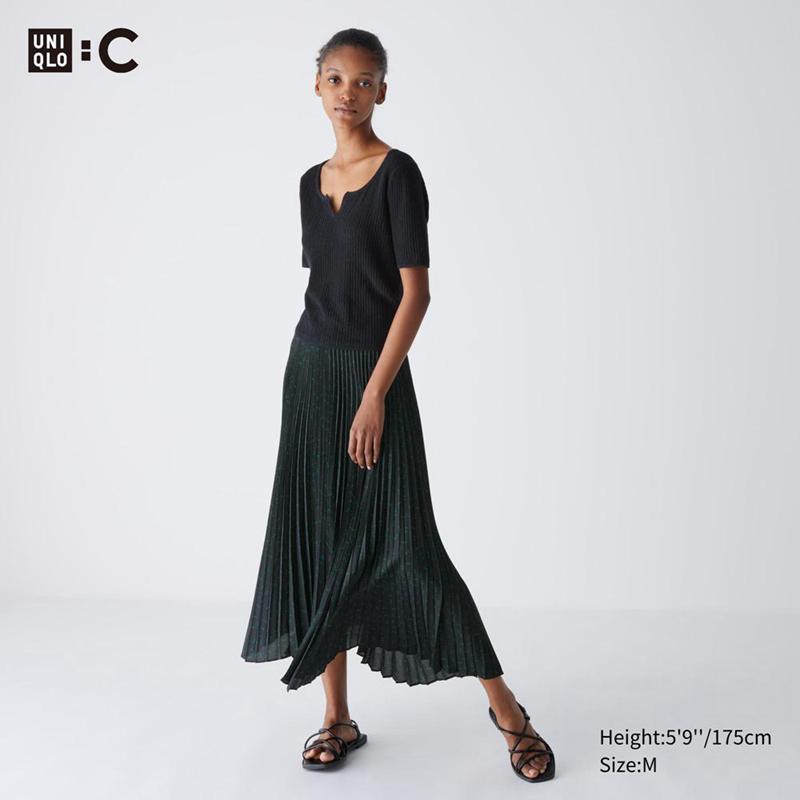 Uniqlo Pleated (Dots) Women Skirts Black  US |  QVCE-97562