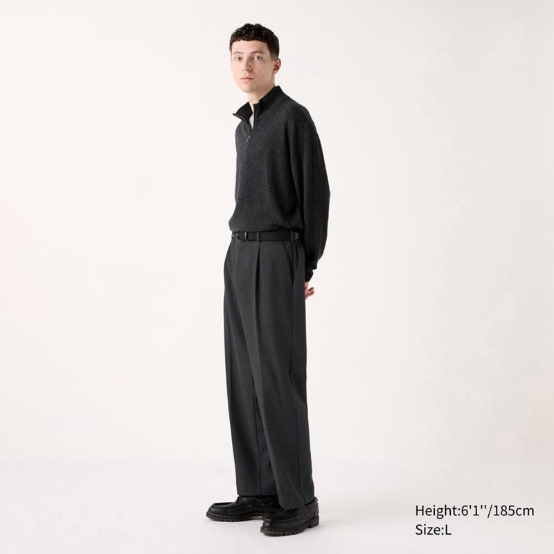 Uniqlo Pleated Wide (Brushed Jersey) Men Trousers Dark Grey  US |  UFCI-53124