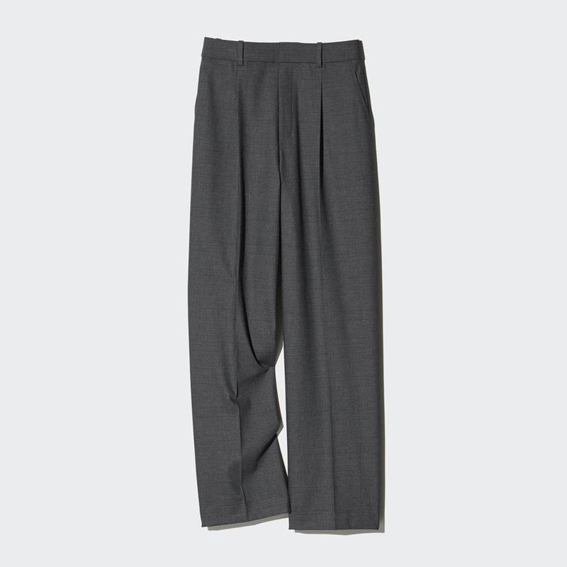 Uniqlo Pleated Wide (Check, Long) Women Trousers Dark Grey  US |  CPLX-25078