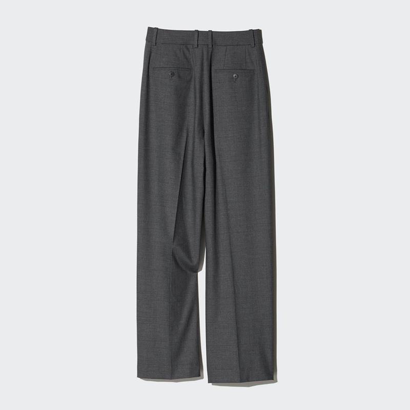 Uniqlo Pleated Wide (Check, Long) Women Trousers Dark Grey  US |  CPLX-25078