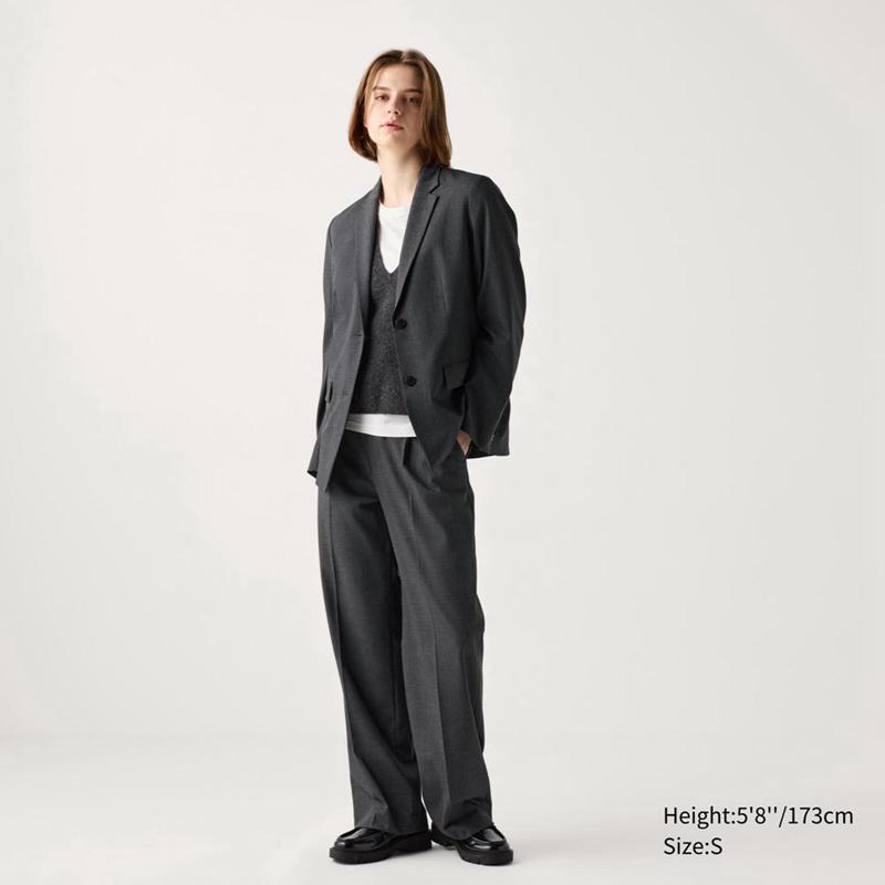 Uniqlo Pleated Wide (Check, Long) Women Trousers Dark Grey  US |  CPLX-25078