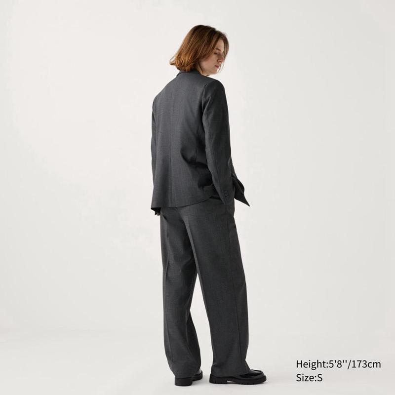 Uniqlo Pleated Wide (Check, Long) Women Trousers Dark Grey  US |  OCGW-64871