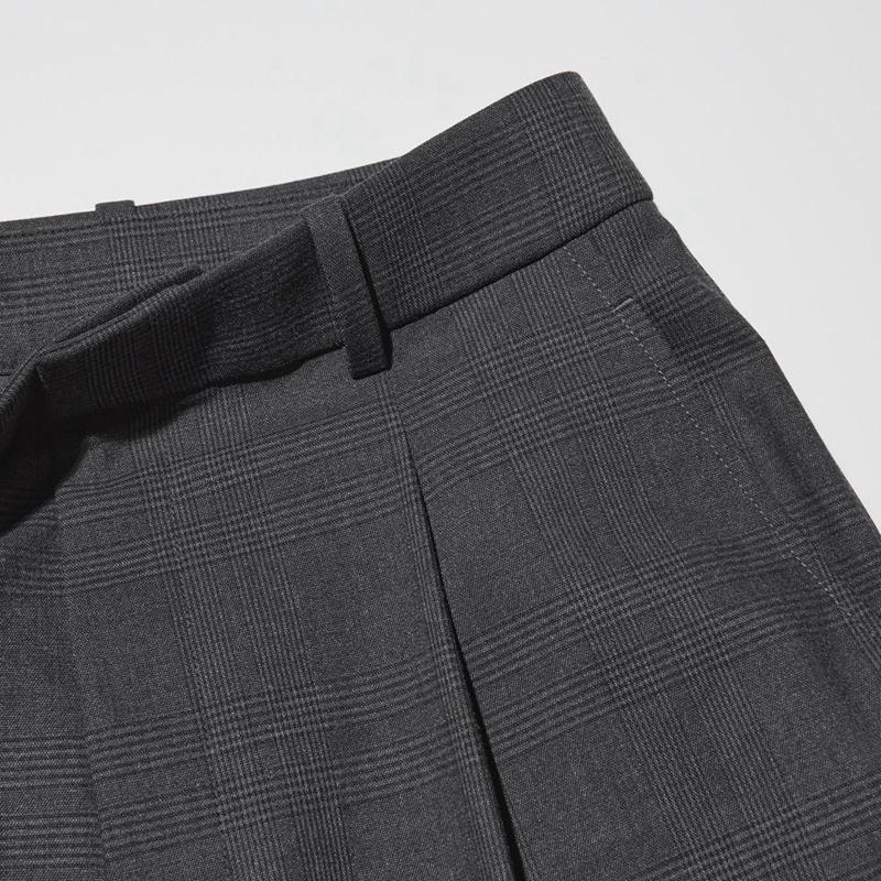 Uniqlo Pleated Wide (Check) Women Trousers Dark Grey  US |  HOXE-90268