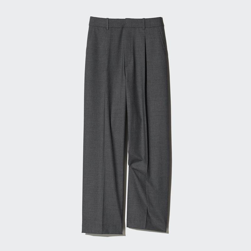 Uniqlo Pleated Wide (Check) Women Trousers Dark Grey  US |  HOXE-90268