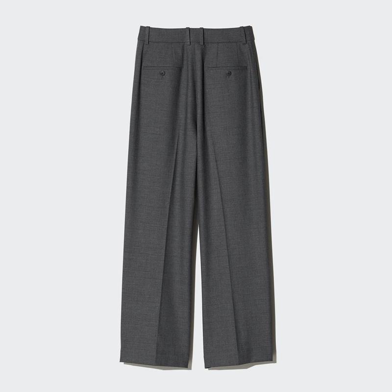 Uniqlo Pleated Wide (Check) Women Trousers Dark Grey  US |  AKNX-04251