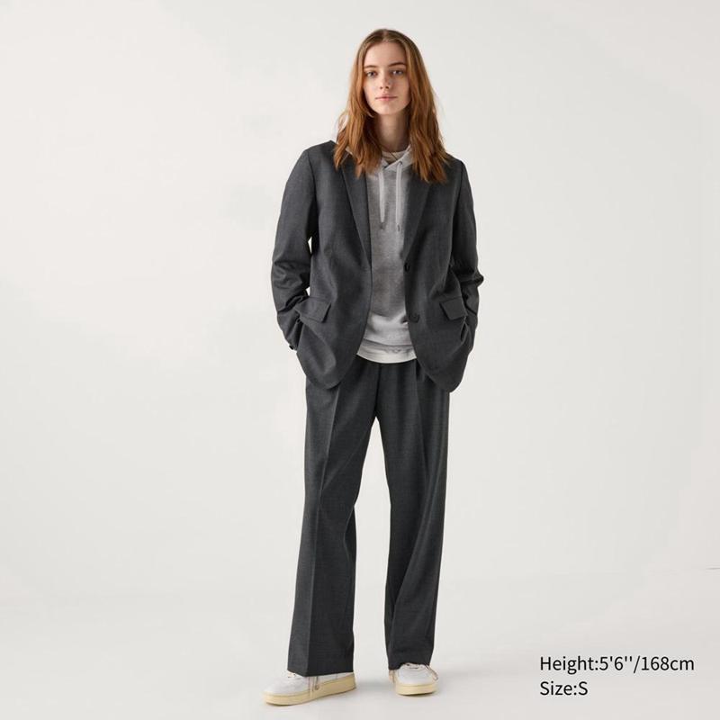 Uniqlo Pleated Wide (Check) Women Trousers Dark Grey  US |  AKNX-04251