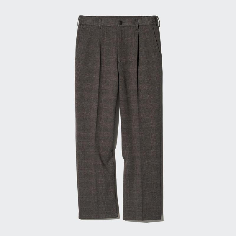 Uniqlo Pleated Wide (Glen Check) Men Trousers Dark Brown  US |  UMXN-15947