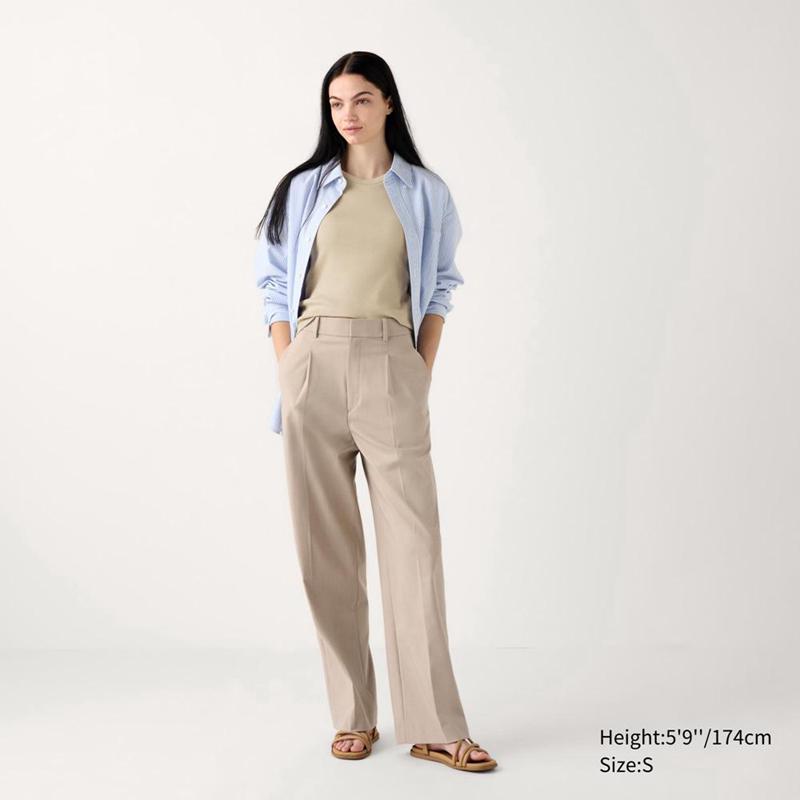 Uniqlo Pleated Wide (Long) Women Trousers Beige  US |  BYTF-62854