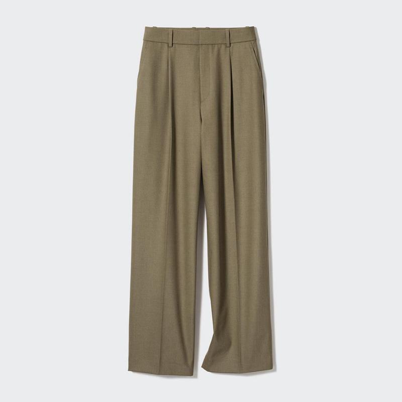 Uniqlo Pleated Wide (Long) Women Trousers Olive  US |  CZIY-08936