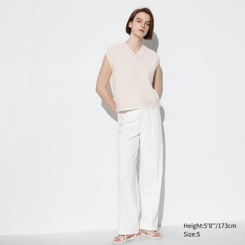 Uniqlo Pleated Wide (Long) Women Trousers White  US |  INUO-08725