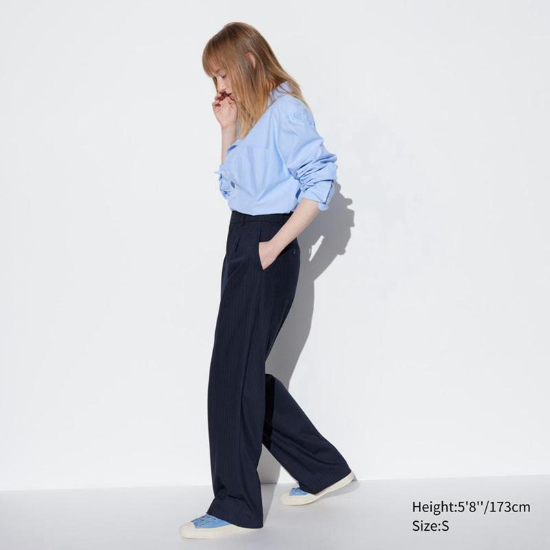 Uniqlo Pleated Wide (Stripe, Long) Women Trousers Navy  US |  KAQJ-26403