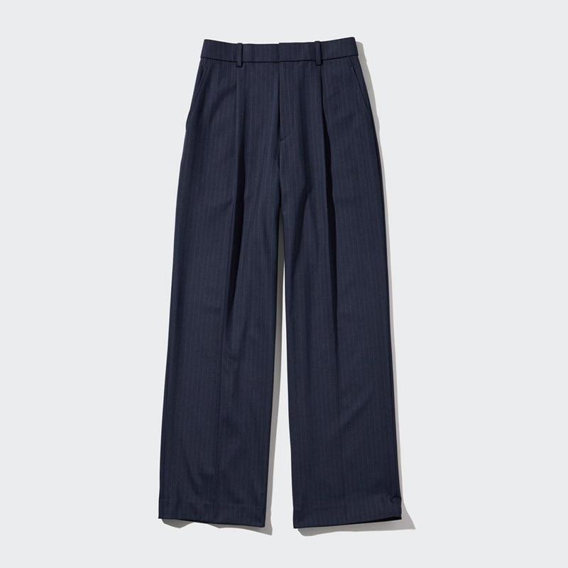 Uniqlo Pleated Wide (Stripe, Long) Women Trousers Navy  US |  KAQJ-26403