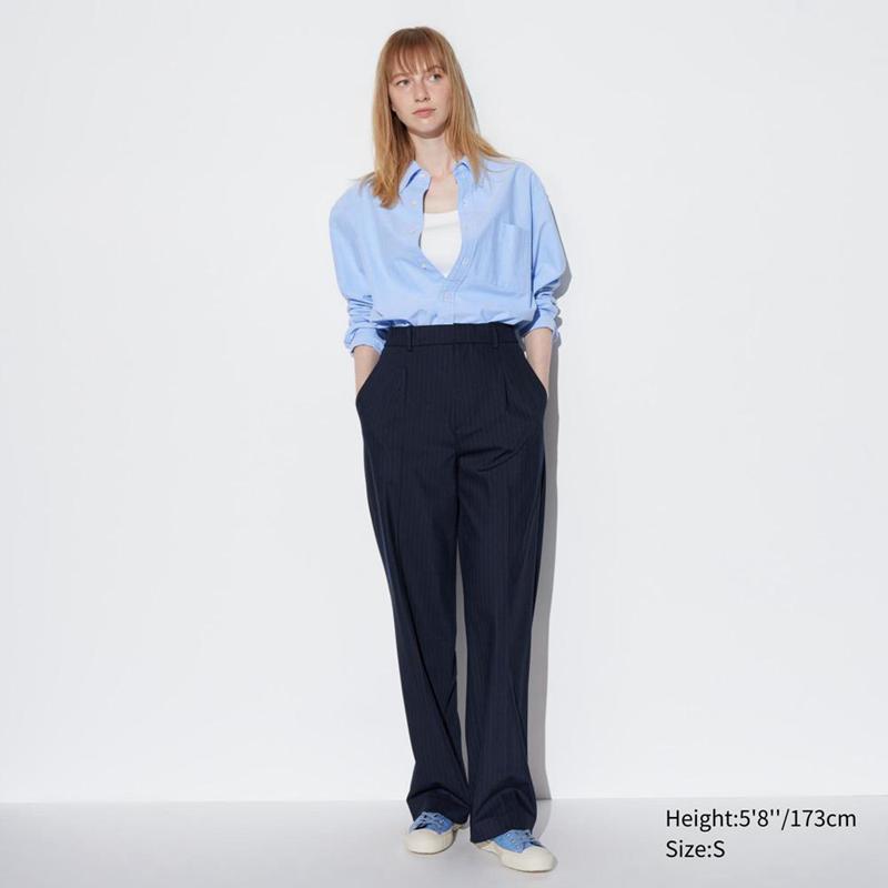 Uniqlo Pleated Wide (Stripe, Long) Women Trousers Navy  US |  KAQJ-26403