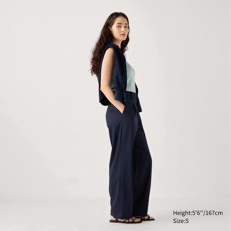 Uniqlo Pleated Wide (Stripe) Women Trousers Navy  US |  JUIF-47806