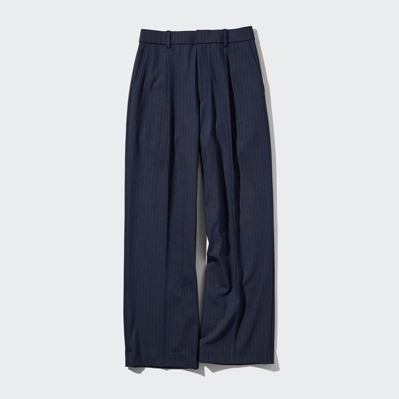 Uniqlo Pleated Wide (Stripe) Women Trousers Navy  US |  JUIF-47806