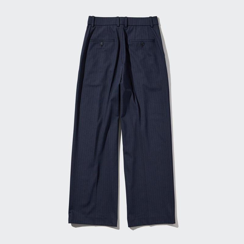 Uniqlo Pleated Wide (Stripe) Women Trousers Navy  US |  JUIF-47806