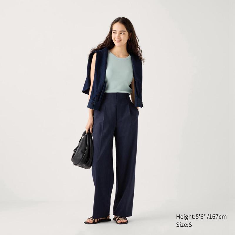 Uniqlo Pleated Wide (Stripe) Women Trousers Navy  US |  KGPT-06819