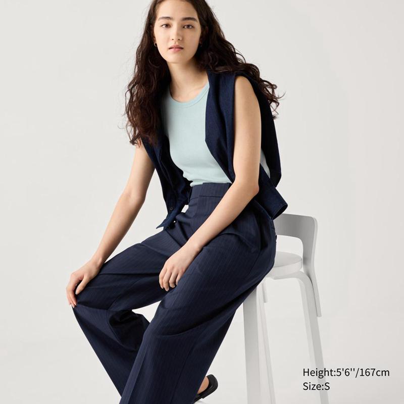 Uniqlo Pleated Wide (Stripe) Women Trousers Navy  US |  KGPT-06819