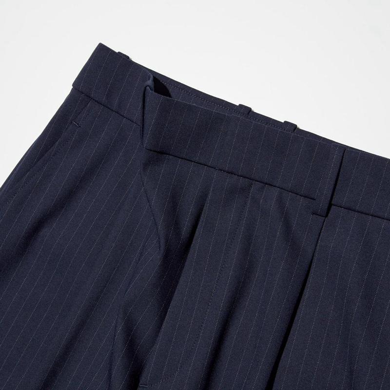 Uniqlo Pleated Wide (Striped, Long) Women Trousers Navy  US |  PUOT-74051