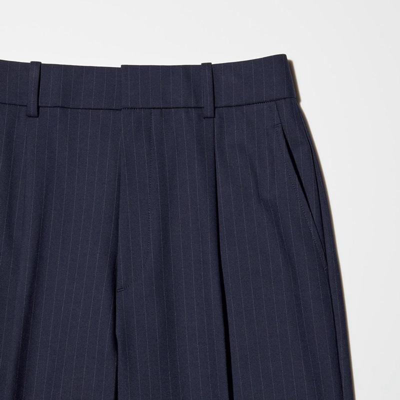 Uniqlo Pleated Wide (Striped, Long) Women Trousers Navy  US |  PUOT-74051