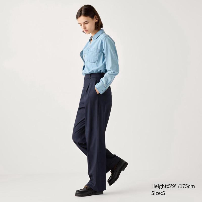 Uniqlo Pleated Wide (Striped, Long) Women Trousers Navy  US |  PUOT-74051