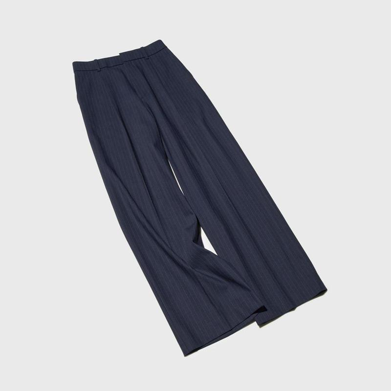 Uniqlo Pleated Wide (Striped, Long) Women Trousers Navy  US |  NGJA-96815