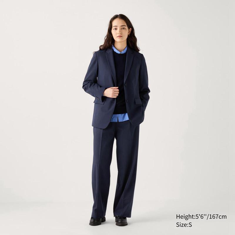 Uniqlo Pleated Wide (Striped) Women Trousers Navy  US |  DEBG-73596