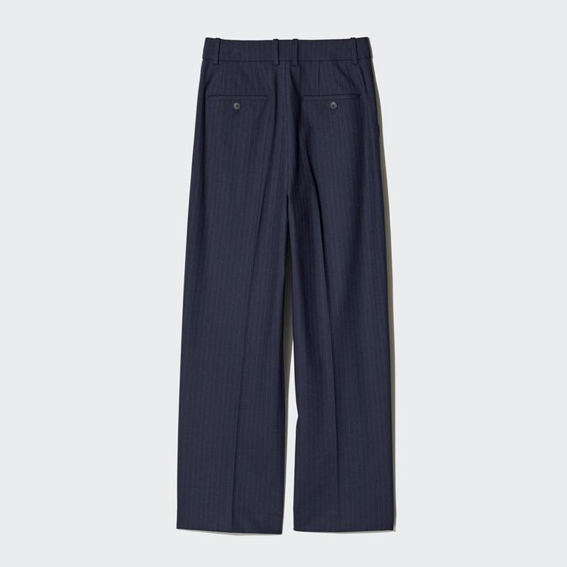 Uniqlo Pleated Wide (Striped) Women Trousers Navy  US |  DEBG-73596