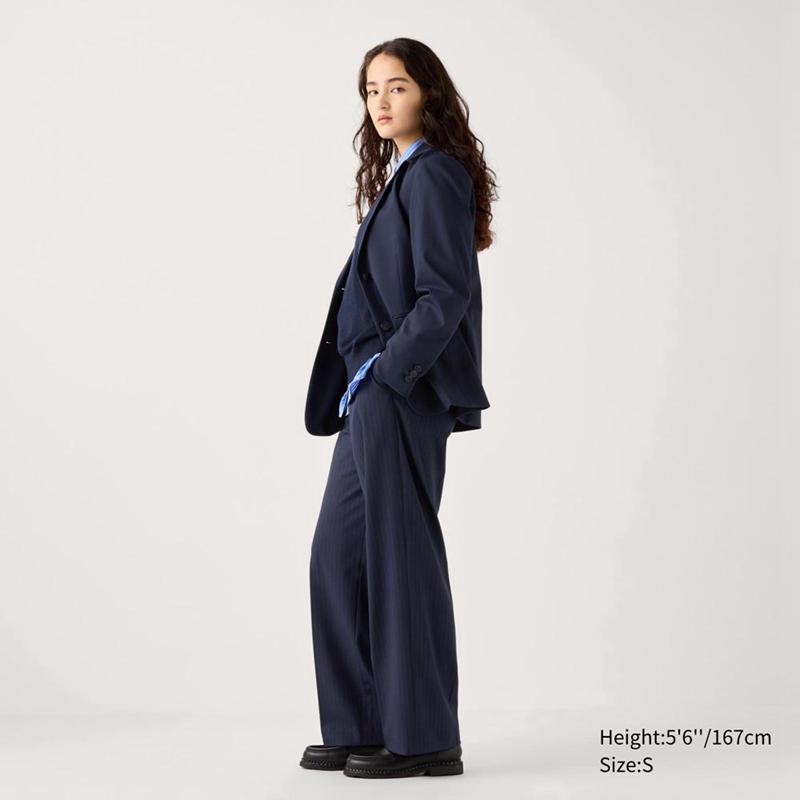 Uniqlo Pleated Wide (Striped) Women Trousers Navy  US |  DEBG-73596