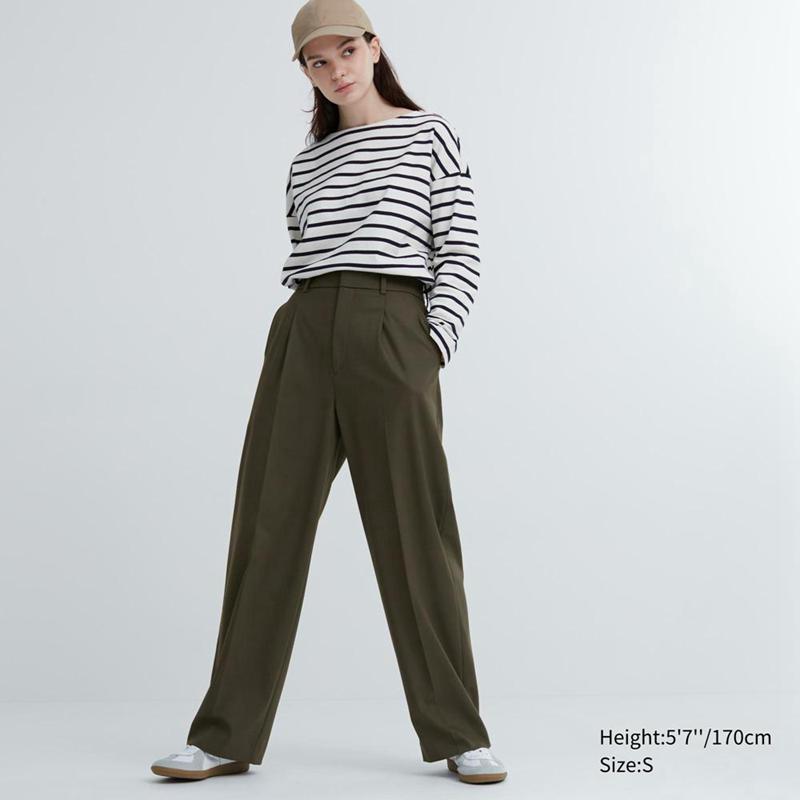 Uniqlo Pleated Wide Women Trousers Olive  US |  XSVY-03254