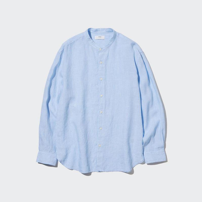 Uniqlo Premium Linen (Grandad Collar) Men Shirts Blue  US |  PTYJ-50637