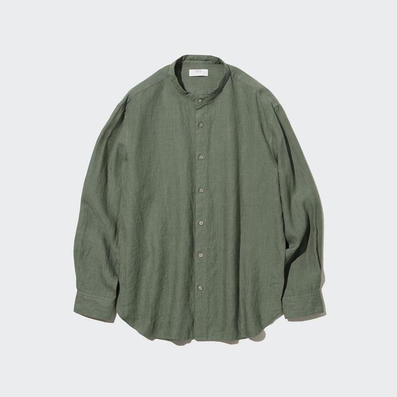 Uniqlo Premium Linen (Grandad Collar) Men Shirts Olive  US |  AECI-59627