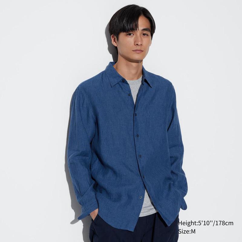 Uniqlo Premium Linen Men Shirts Blue  US |  TDVQ-72034