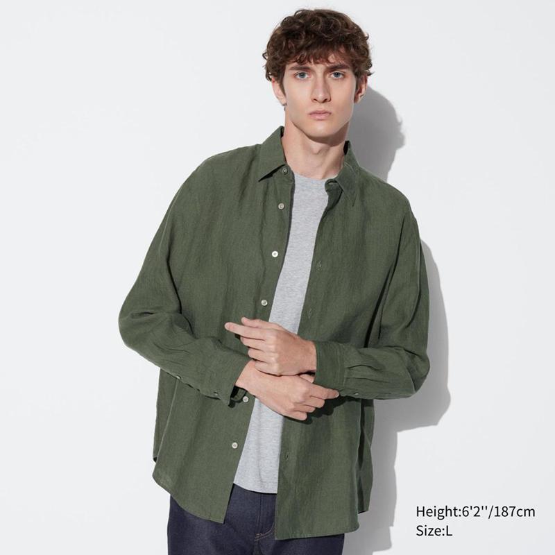 Uniqlo Premium Linen Men Shirts Olive  US |  PHCT-75943