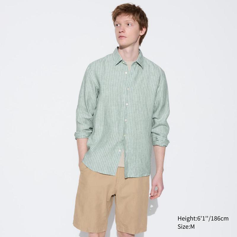 Uniqlo Premium Linen Regular Fit (Stripe, Regular Collar) Men Shirts Green  US |  QSTO-73045