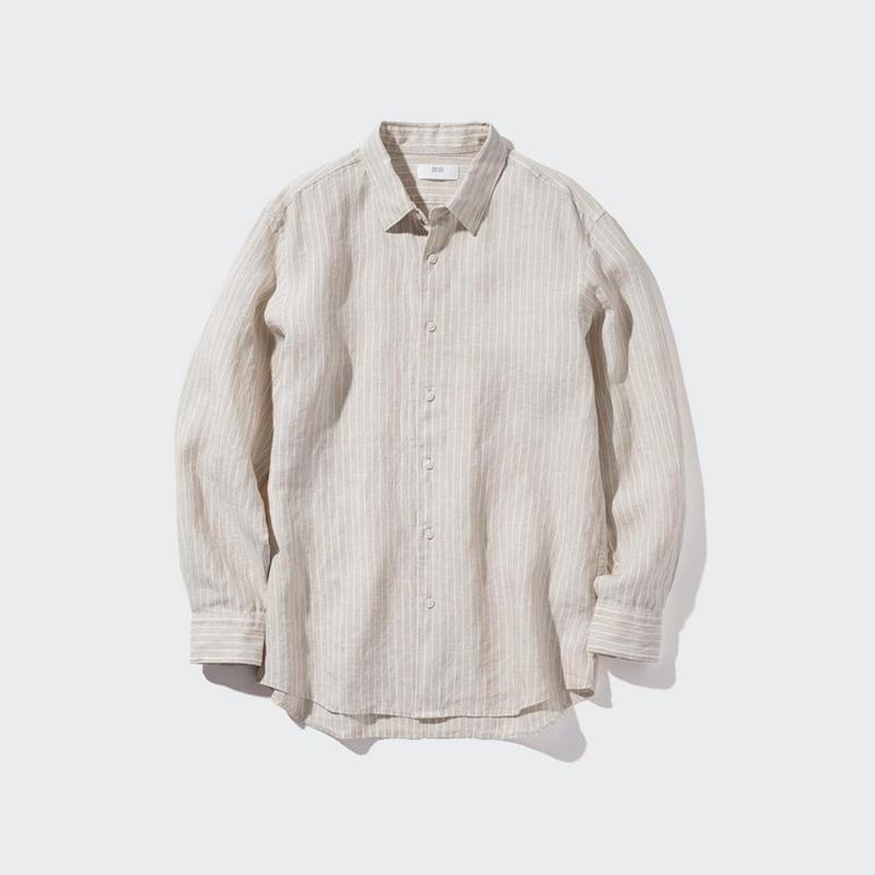 Uniqlo Premium Linen Regular Fit (Stripe, Regular Collar) Men Shirts Beige  US |  TMLU-12975