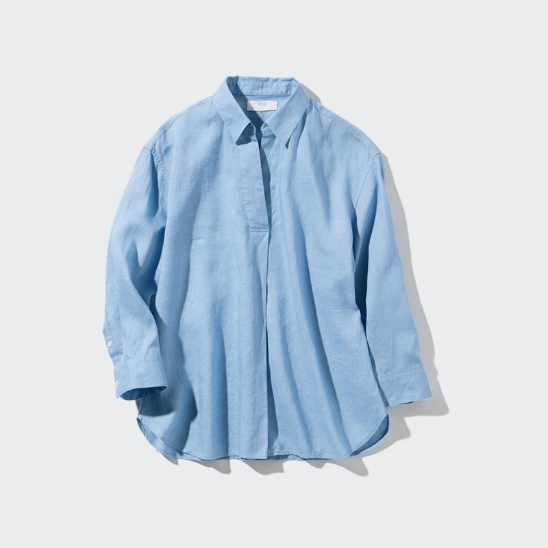 Uniqlo Premium Linen Skipper Collar (3/4 Sleeve) Women Shirts Blue  US |  AXSO-80927