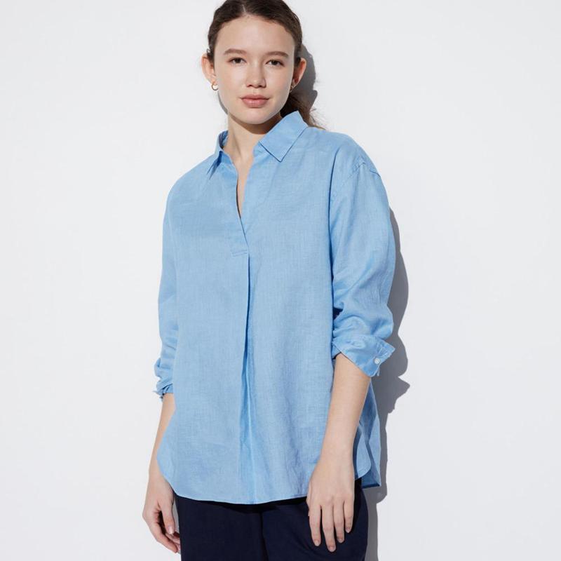 Uniqlo Premium Linen Skipper Collar (3/4 Sleeve) Women Shirts Blue  US |  AXSO-80927