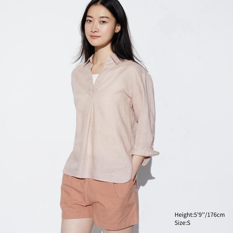 Uniqlo Premium Linen Skipper Collar (3/4 Sleeve) Women Shirts Beige  US |  IHVW-06827