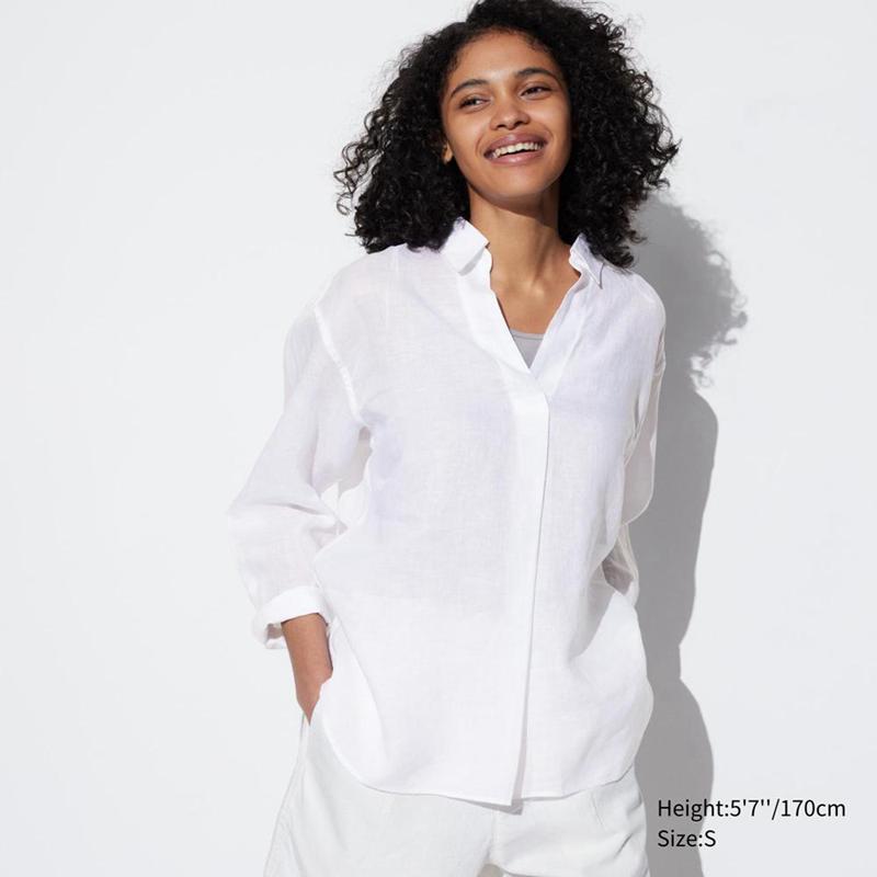 Uniqlo Premium Linen Skipper Collar (3/4 Sleeve) Women Shirts White  US |  QRJM-07612