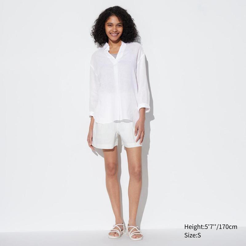 Uniqlo Premium Linen Skipper Collar (3/4 Sleeve) Women Shirts White  US |  TSUZ-75026