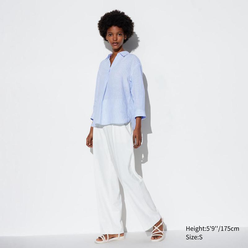 Uniqlo Premium Linen Skipper Collar (Stripe, 3/4 Sleeve) Women Shirts Off White  US |  HYLG-67893