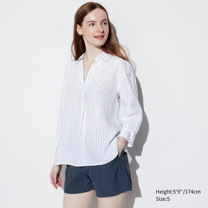 Uniqlo Premium Linen Skipper Collar (Stripe, 3/4 Sleeve) Women Shirts Off White  US |  HYLG-67893