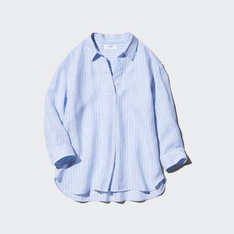 Uniqlo Premium Linen Skipper Collar (Stripe, 3/4 Sleeve) Women Shirts Light Blue  US |  TQGW-30796