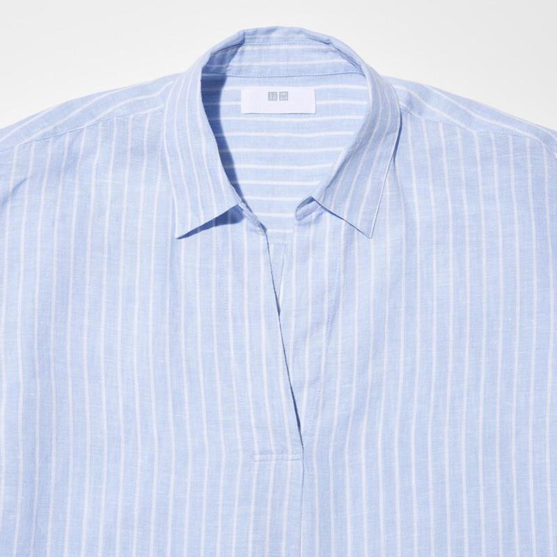 Uniqlo Premium Linen Skipper Collar (Stripe, 3/4 Sleeve) Women Shirts Light Blue  US |  TQGW-30796